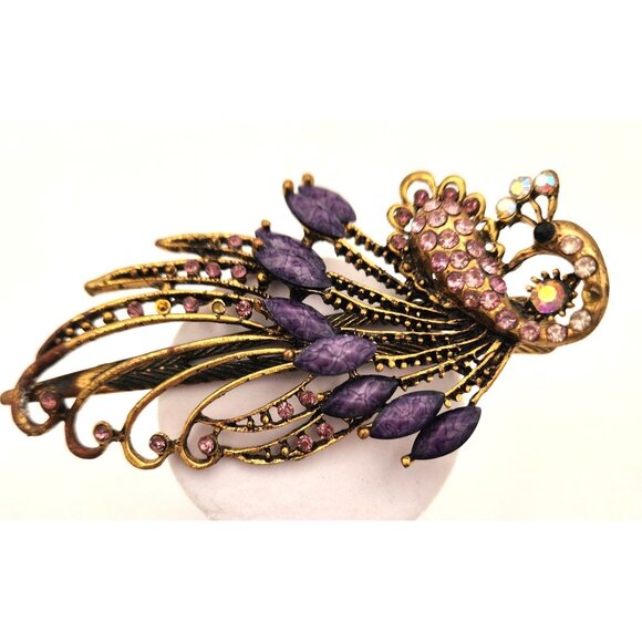 Vintage Brass Peacock Hair Clip With Purple & Pink Rhinestones - Picture 2 of 4